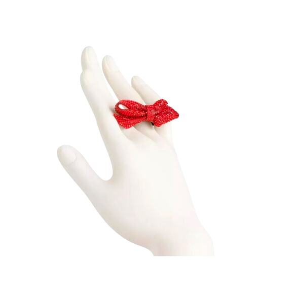 Betsey Johnson Red Rhinestone Bow Ring Size 7 Stretch Band Holiday Bling New - Picture 9 of 15